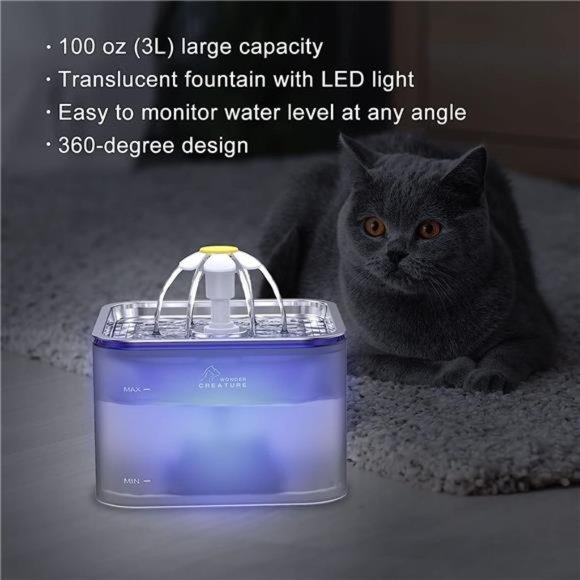 Crystal Cat Water Fountain Stainless Steel, 100oz/3L Pet Fountain with LED Light - Picture 2 of 7